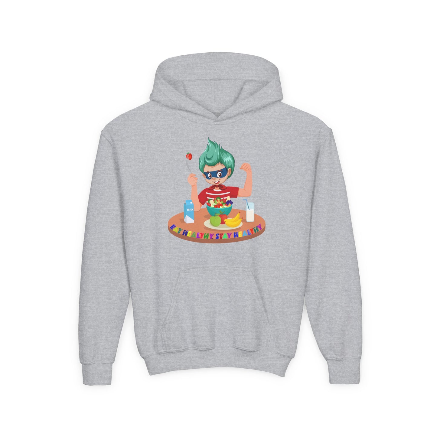 Youth Heavy Blend Hooded Sweatshirt - super kiddo eating healthy food