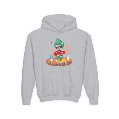Youth Heavy Blend Hooded Sweatshirt - super kiddo eating healthy food - [[{"value":"Wonderwear Kid"}]]