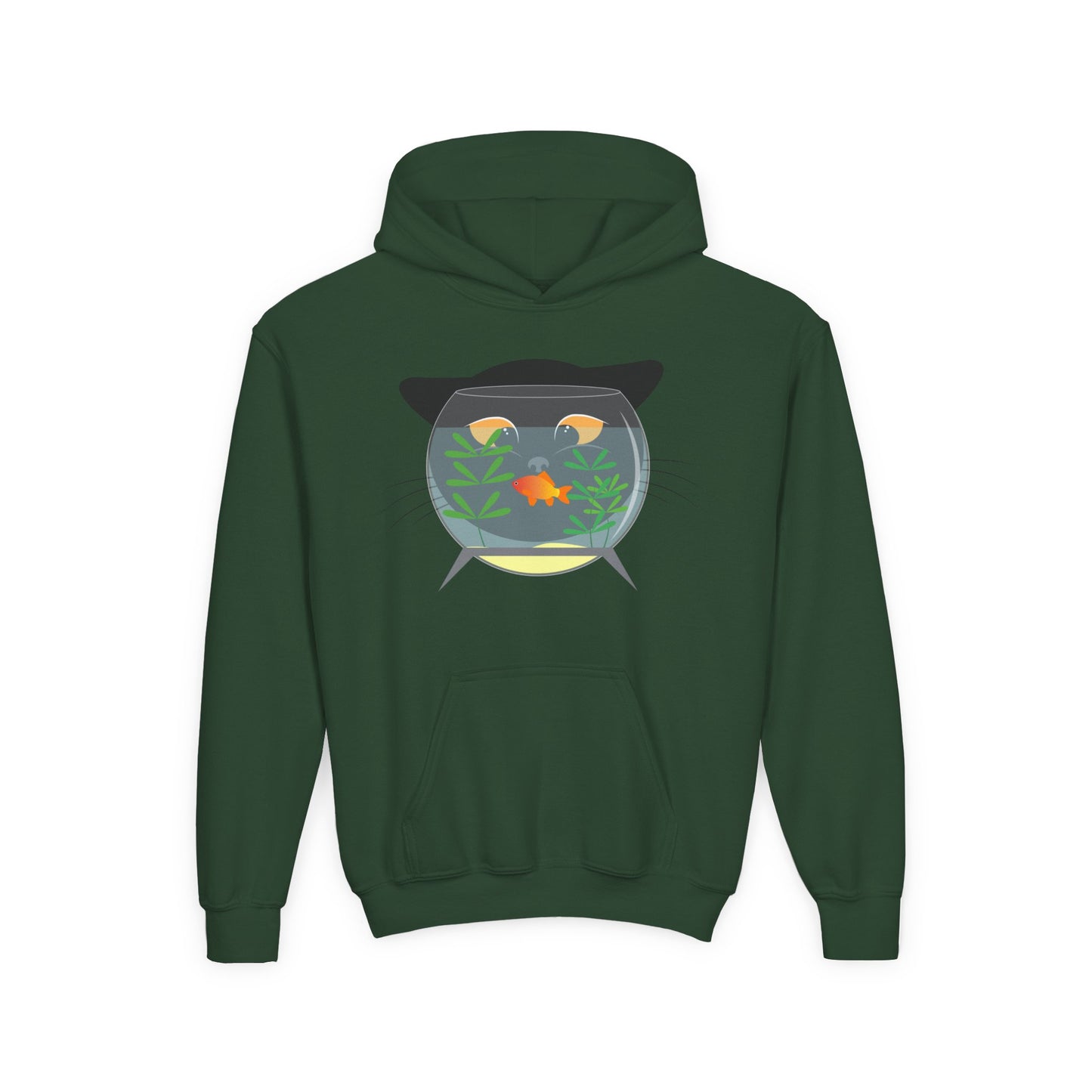 Youth Heavy Blend Hooded Sweatshirt -  Black cat and gold fish