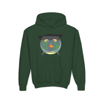 Youth Heavy Blend Hooded Sweatshirt -  Black cat and gold fish Printify