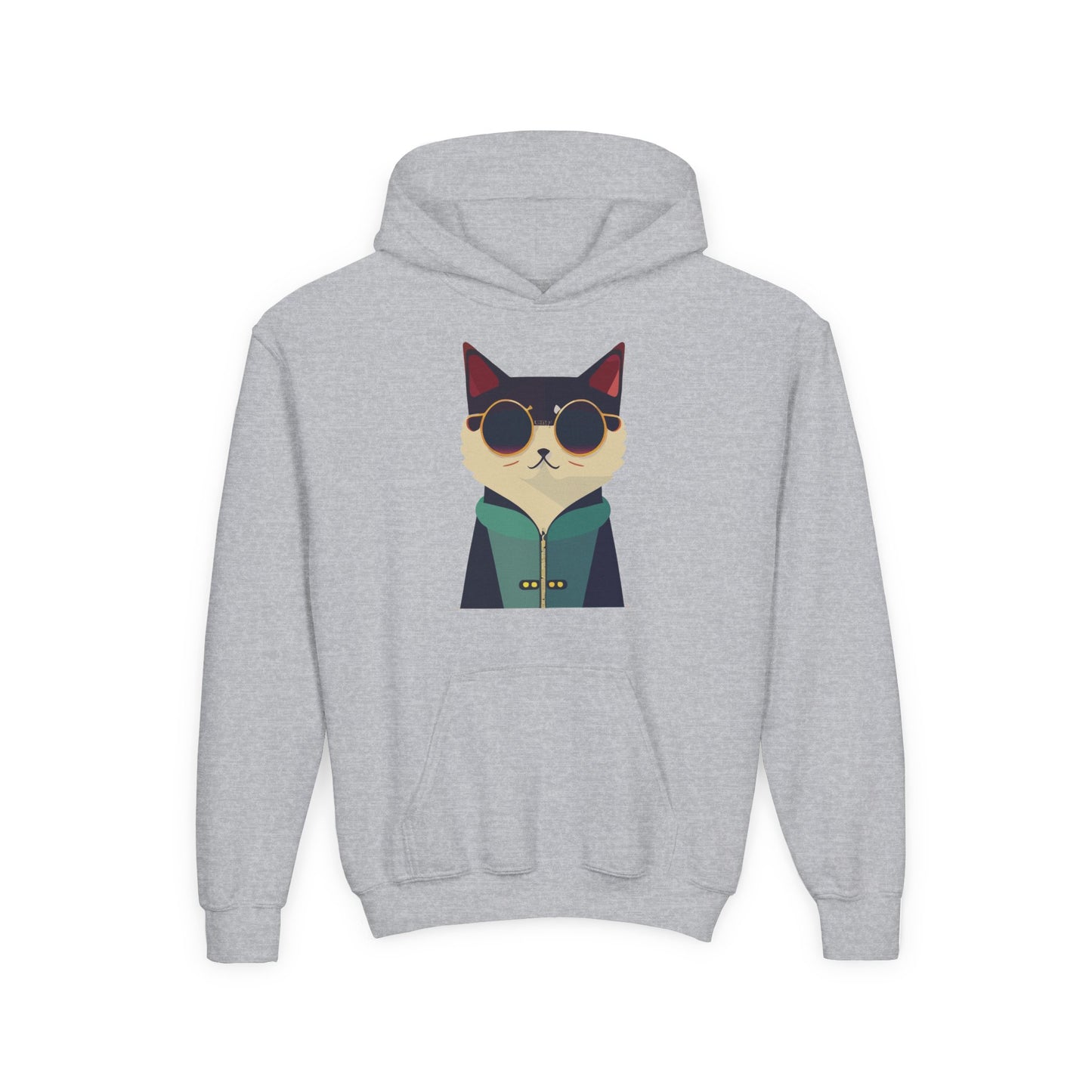 Youth Heavy Blend Hooded Sweatshirt - Cool Cat with Sunglasses