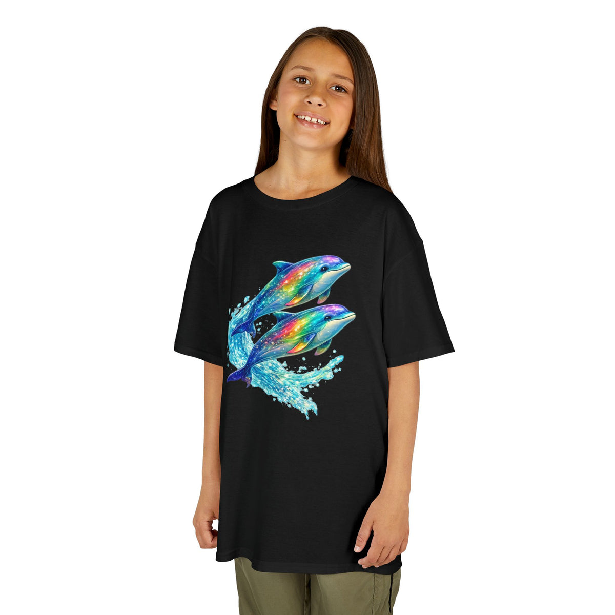 Kids Heavy Cotton™ Tee - Iridescent porpoises swimming in glowing water