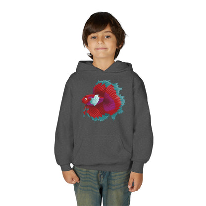 Youth Heavy Blend Hooded Sweatshirt - Red Siamese fighting fish Printify