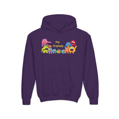 Youth Heavy Blend Hooded Sweatshirt - Colorful Monster Friends Printify