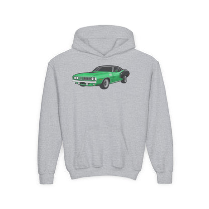 Youth Heavy Blend Hooded Sweatshirt - Vintage green car Printify