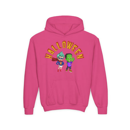 Youth Heavy Blend Hooded Sweatshirt - Holloween with super kiddo Printify
