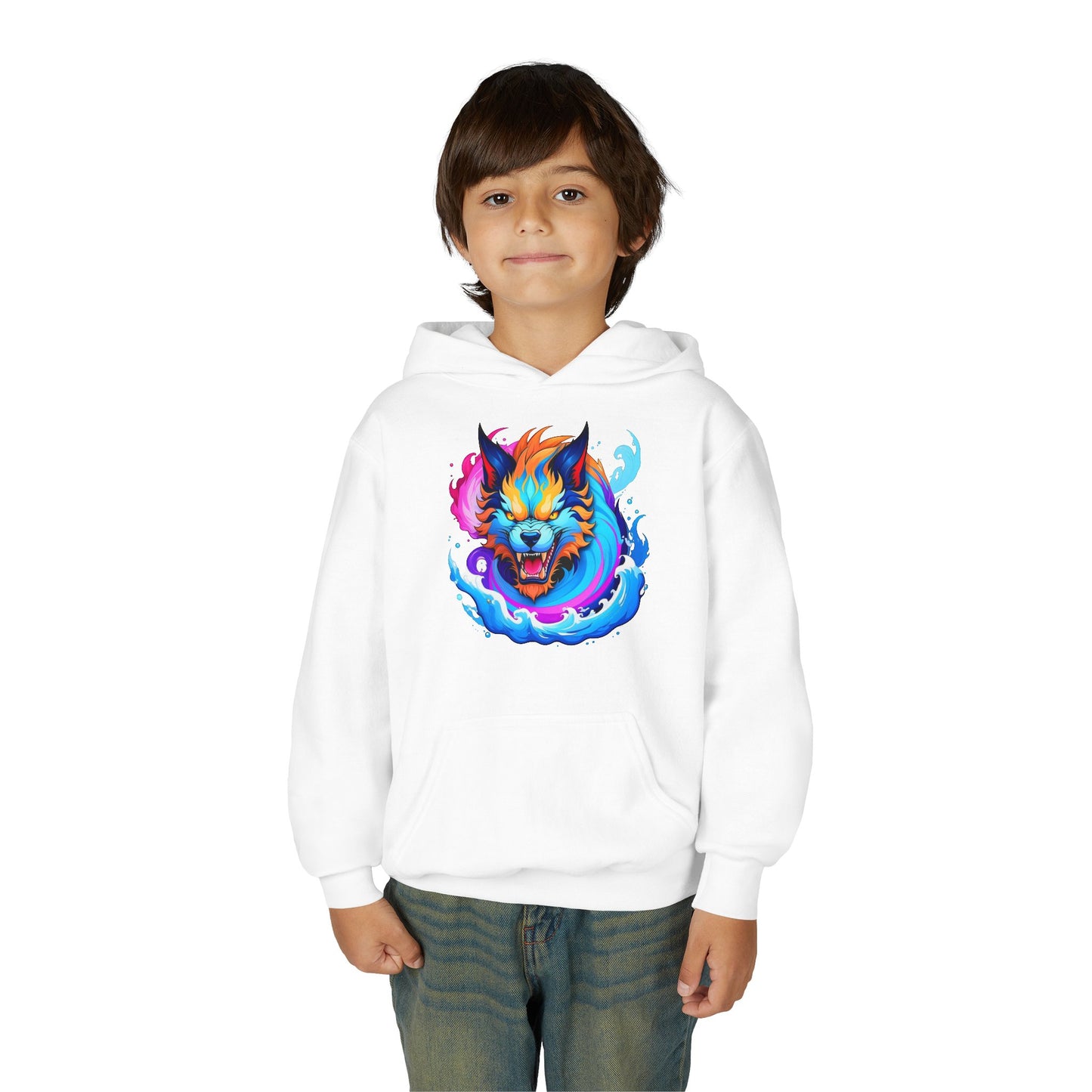 Youth Heavy Blend Hooded Sweatshirt - Vibrant Wolf Design