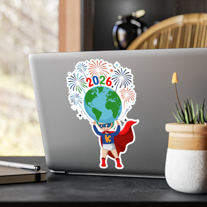 Christmas Kiss-Cut Vinyl Decals – Super kiddo holding globe - [[{"value":"Wonderwear Kid"}]]