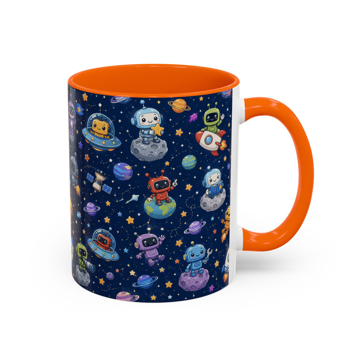 Galactic Robots Accent Coffee Mug — Cute Space Astronaut Pattern (11/15 oz)