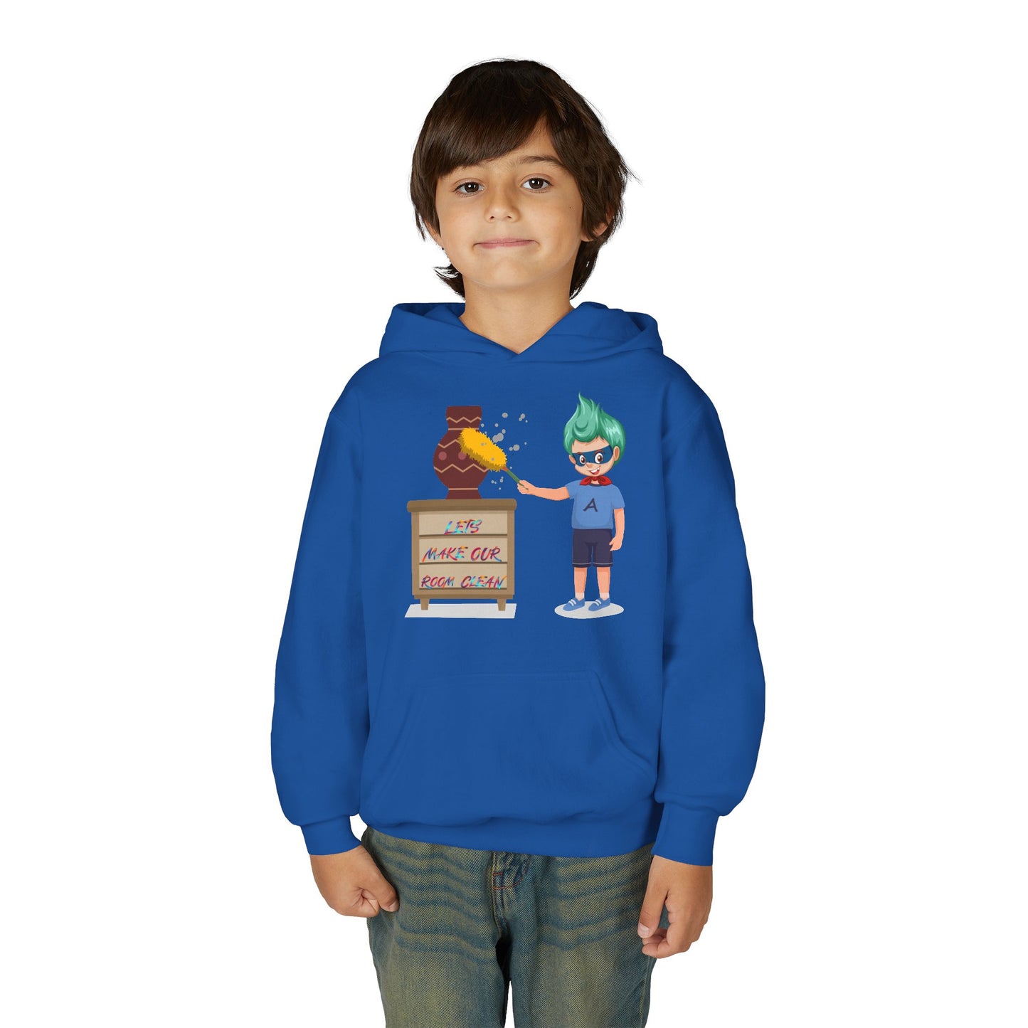 Youth Heavy Blend Hooded Sweatshirt - Super kiddo cleaning a vase