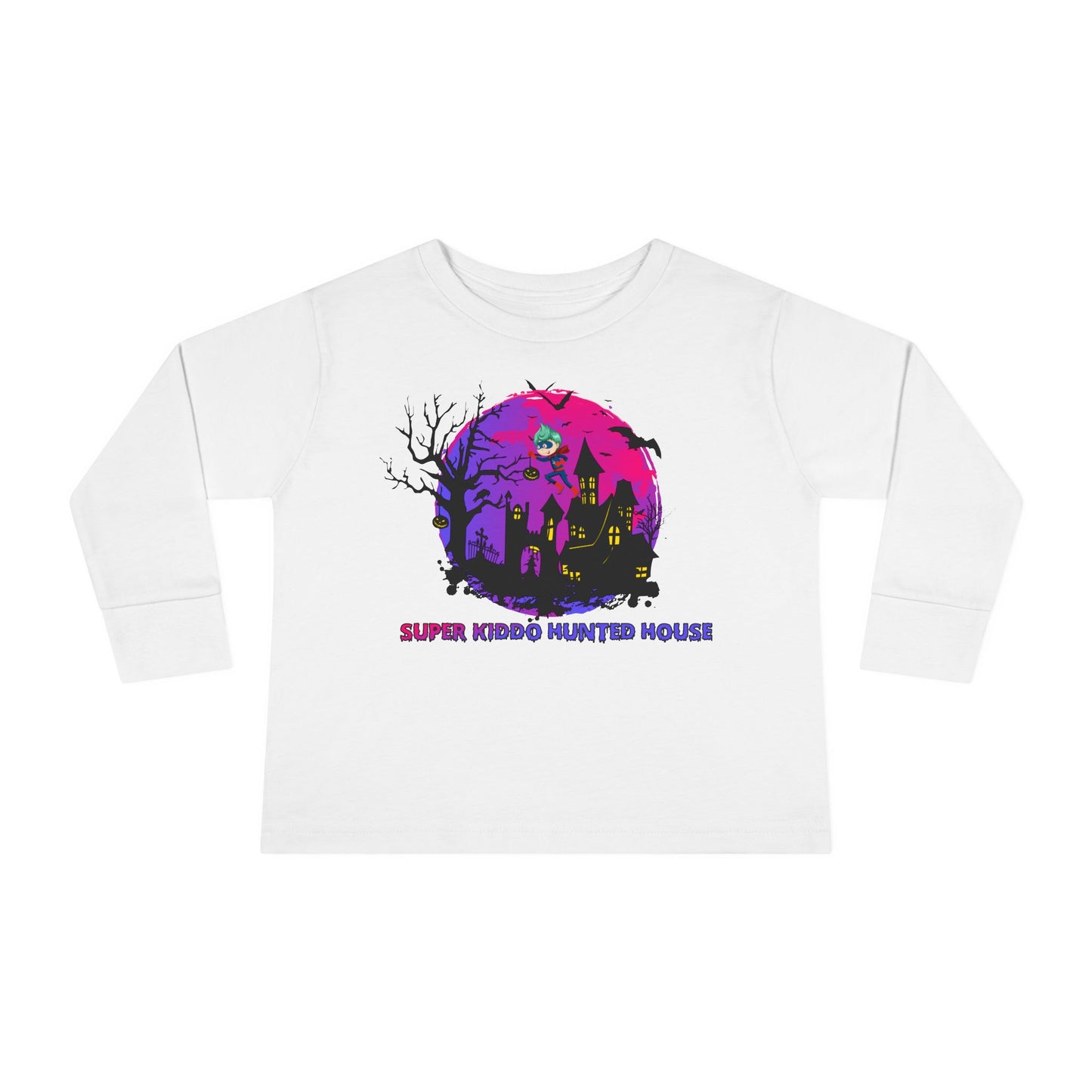 Toddler Long Sleeve Tee - Super kiddo flying on hunted house