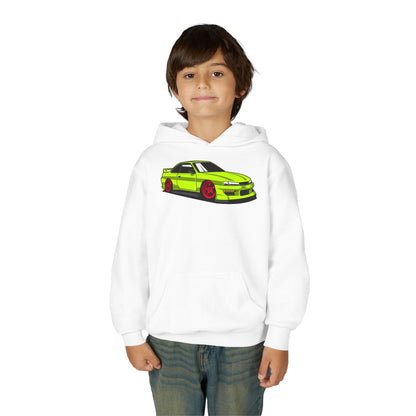 Youth Heavy Blend Hooded Sweatshirt - Yellow green race car Printify