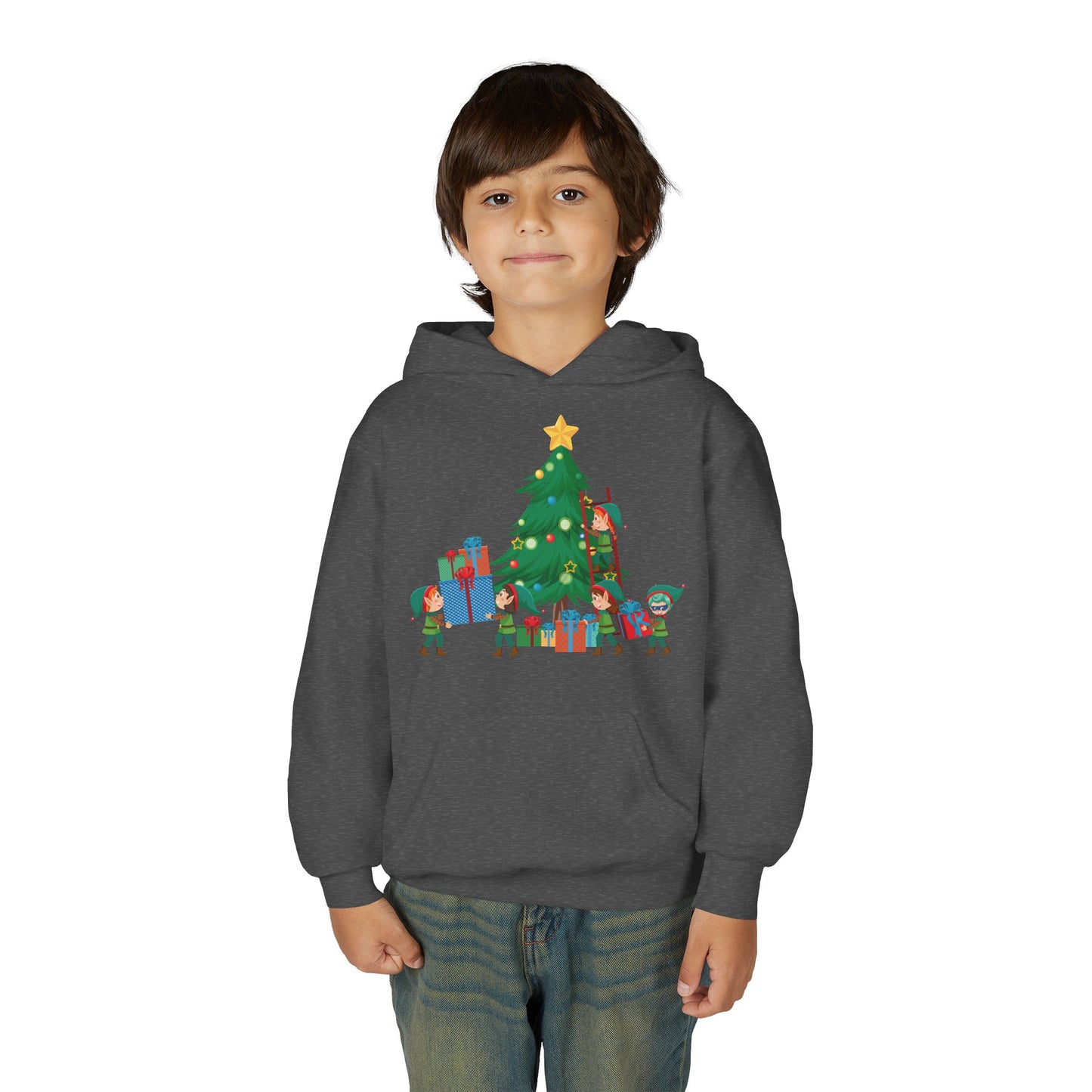 Youth Heavy Blend Hooded Sweatshirt - Super kiddo putting gifts on christmas tree