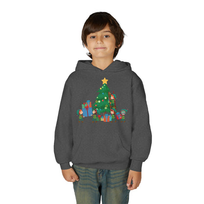 Youth Heavy Blend Hooded Sweatshirt - Super kiddo putting gifts on christmas tree - [[{"value":"Wonderwear Kid"}]]