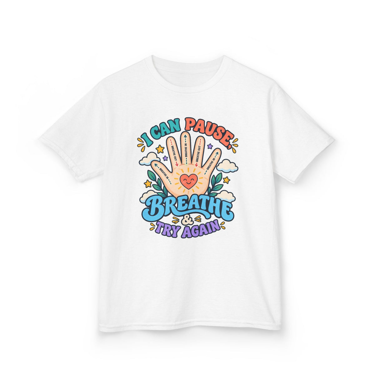Kids Heavy Cotton™ Tee - Pause, Breathe, Try Again Hand Guide