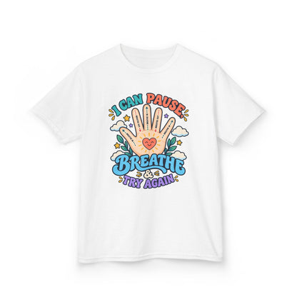 Kids Heavy Cotton™ Tee - Pause, Breathe, Try Again Hand Guide
