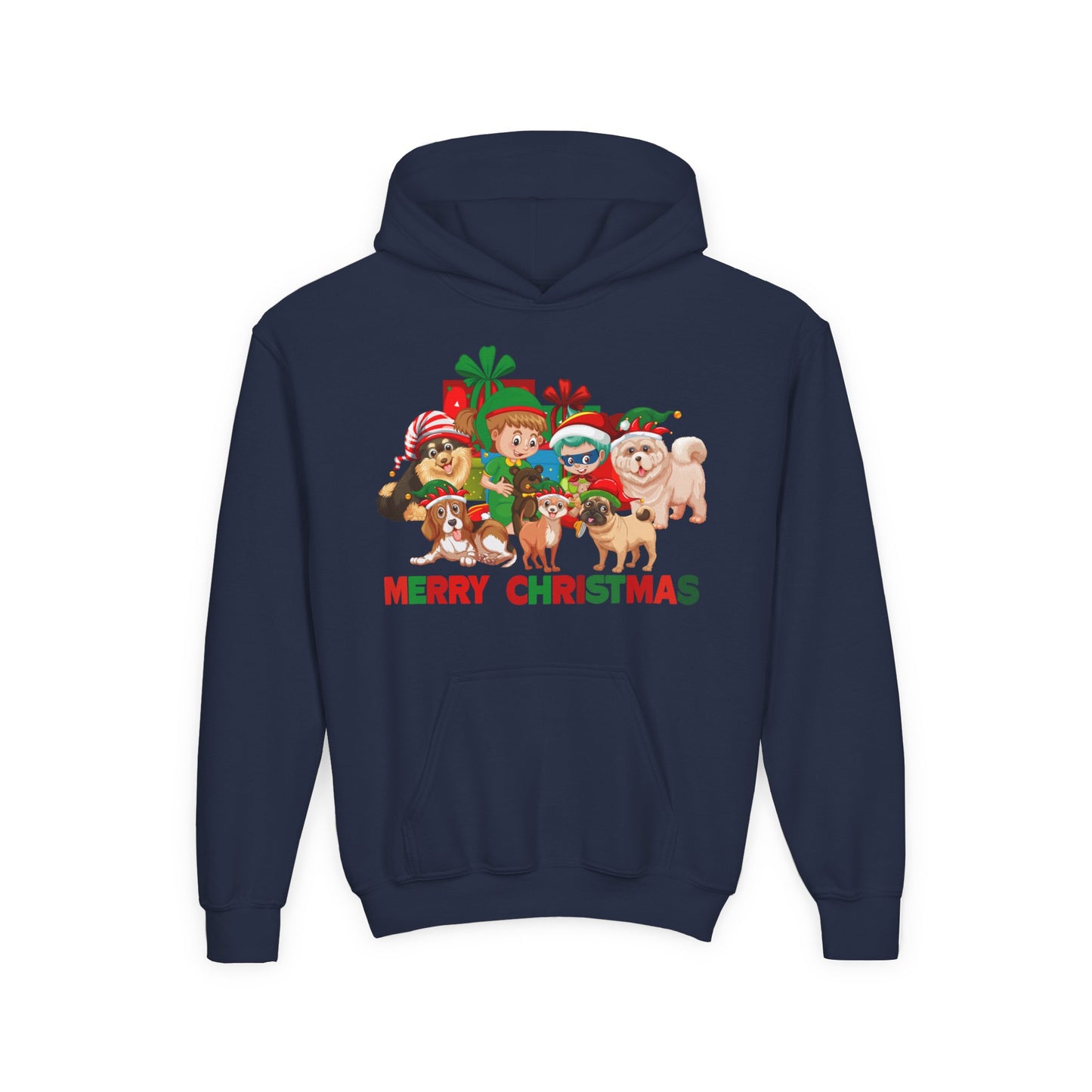 Youth Heavy Blend Hooded Sweatshirt - Christmas with super kiddo pet friends with text