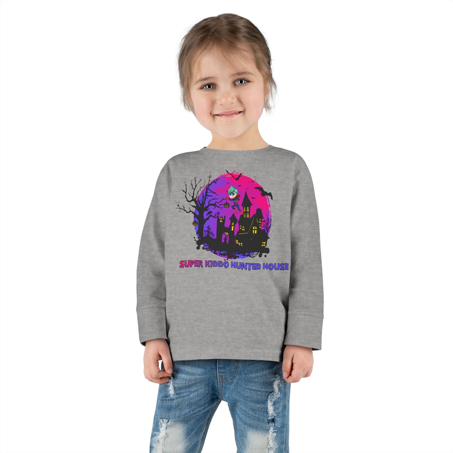 Toddler Long Sleeve Tee - Super kiddo flying on hunted house