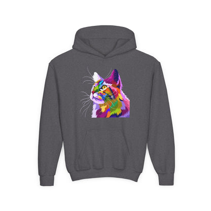 Youth hoodie with adorable cat design Printify