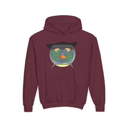 Youth Heavy Blend Hooded Sweatshirt -  Black cat and gold fish Printify