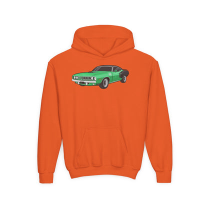 Youth Heavy Blend Hooded Sweatshirt - Vintage green car Printify