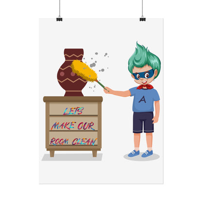 Rolled Posters - Super kiddo cleaning a vase - [[{"value":"Wonderwear Kid"}]]