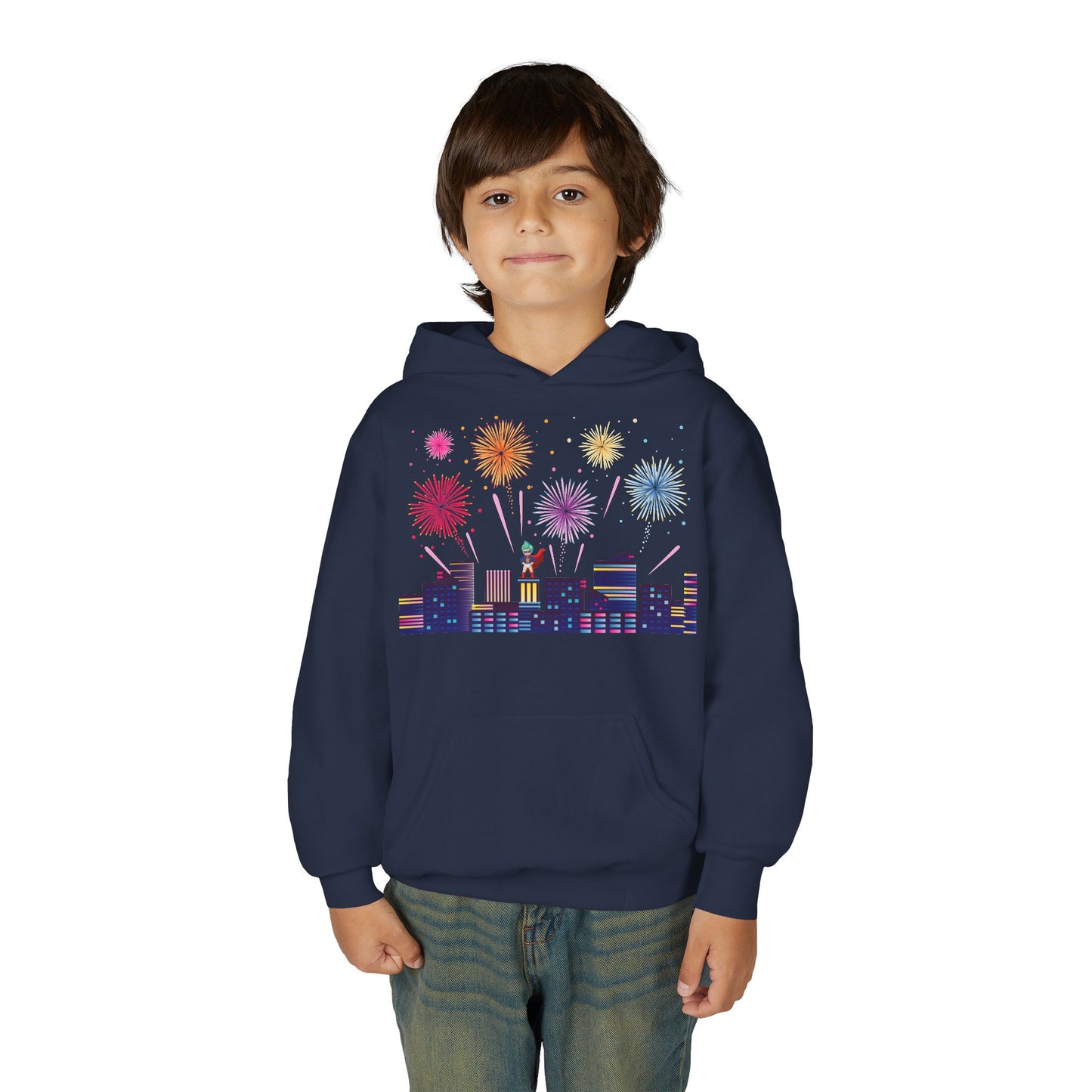 Youth Heavy Blend Hooded Sweatshirt - Super kiddo with fireworks