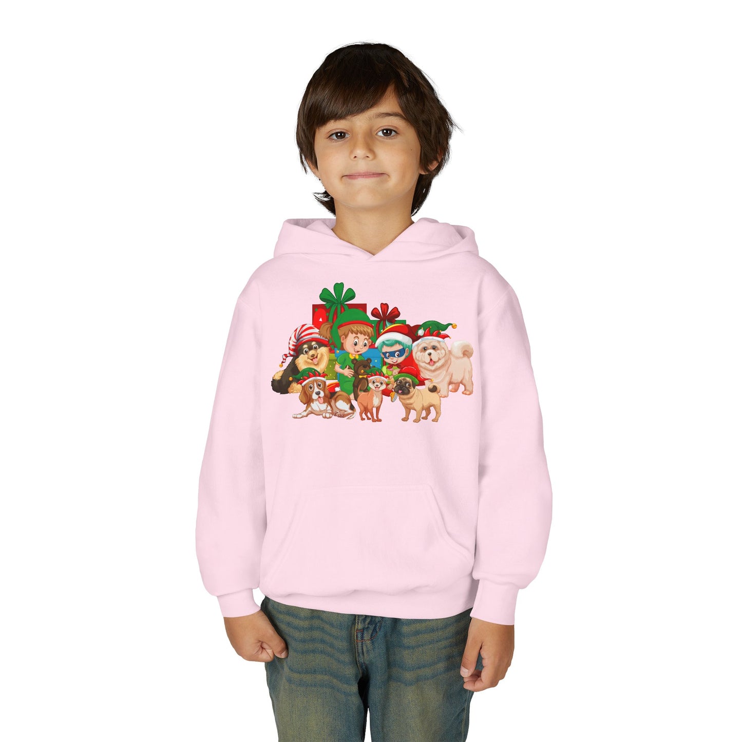 Youth Heavy Blend Hooded Sweatshirt - Christmas with super kiddo pet friends without text