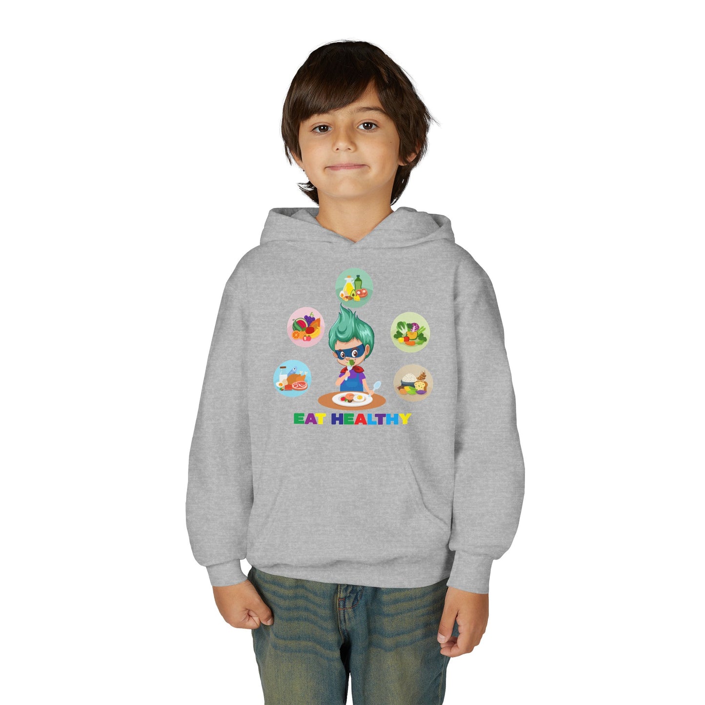 Youth Heavy Blend Hooded Sweatshirt - Supper kiddo showing healthy food to eat
