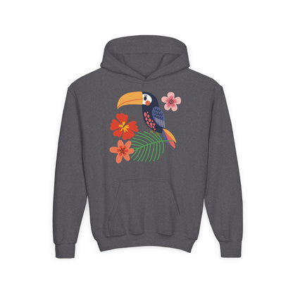 Youth hoodie with vibrant toucan bird design Printify
