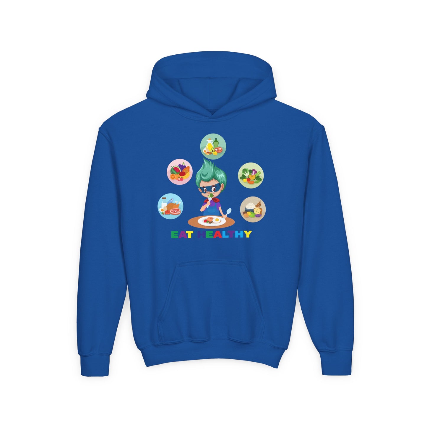 Youth Heavy Blend Hooded Sweatshirt - Supper kiddo showing healthy food to eat