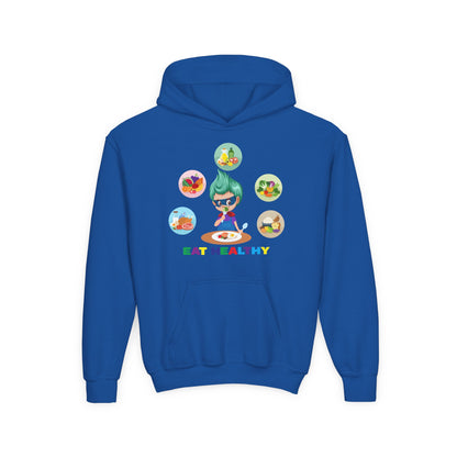 Youth Heavy Blend Hooded Sweatshirt - Supper kiddo showing healthy food to eat - [[{"value":"Wonderwear Kid"}]]