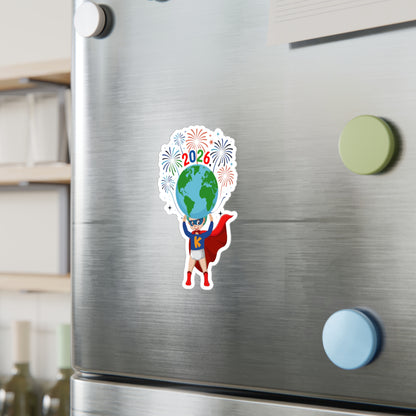 Christmas Kiss-Cut Vinyl Decals – Super kiddo holding globe - [[{"value":"Wonderwear Kid"}]]