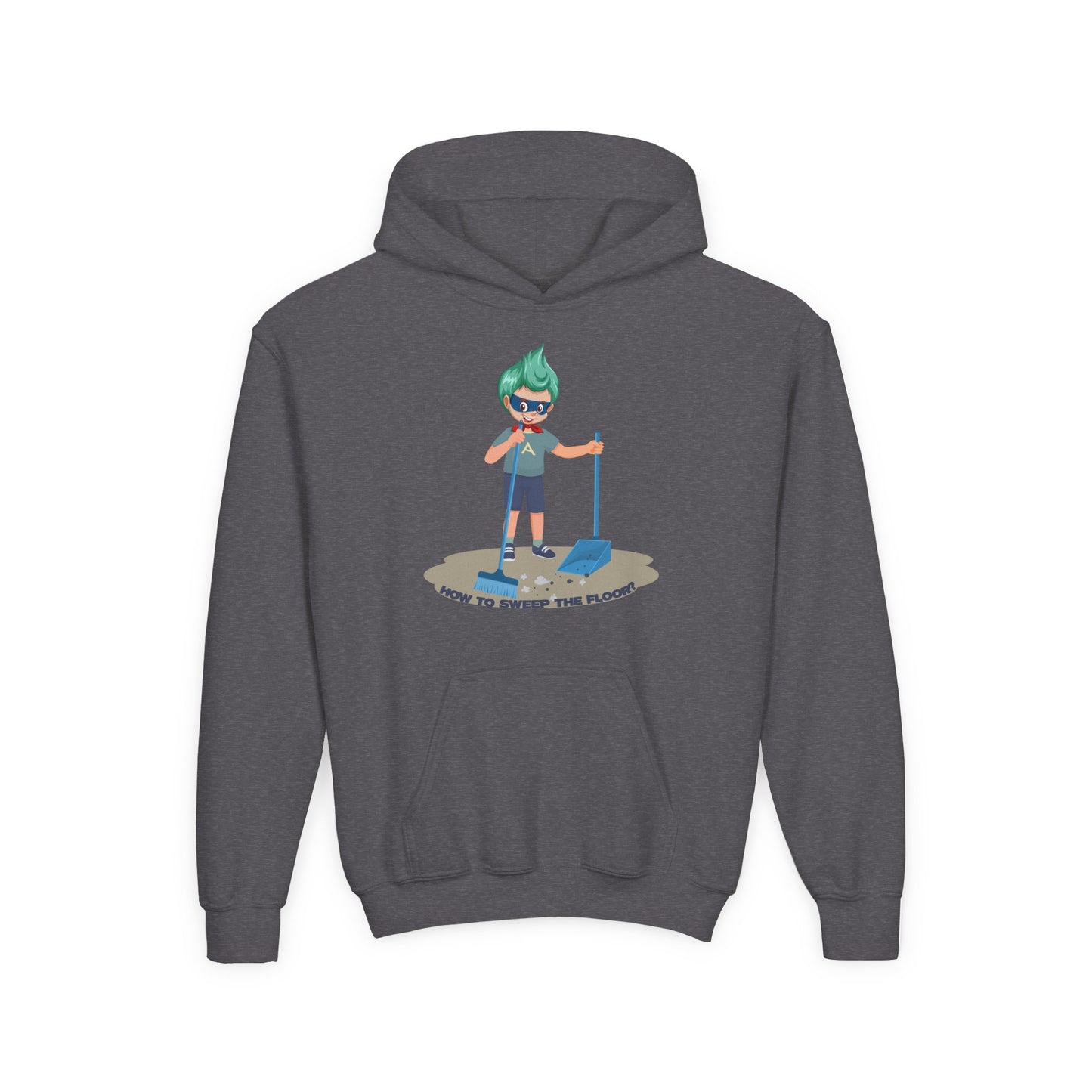 Youth Heavy Blend Hooded Sweatshirt - Super kiddo sweeping floor