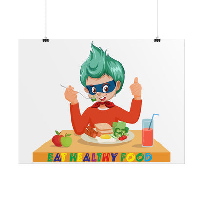 Rolled Posters - Super kiddo eating healthy breafast - [[{"value":"Wonderwear Kid"}]]