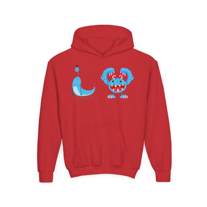 Youth Heavy Blend Hooded Sweatshirt - Happy toothy blue monsters Printify