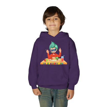 Youth Heavy Blend Hooded Sweatshirt - Super kiddo eating healthy breafast - [[{"value":"Wonderwear Kid"}]]
