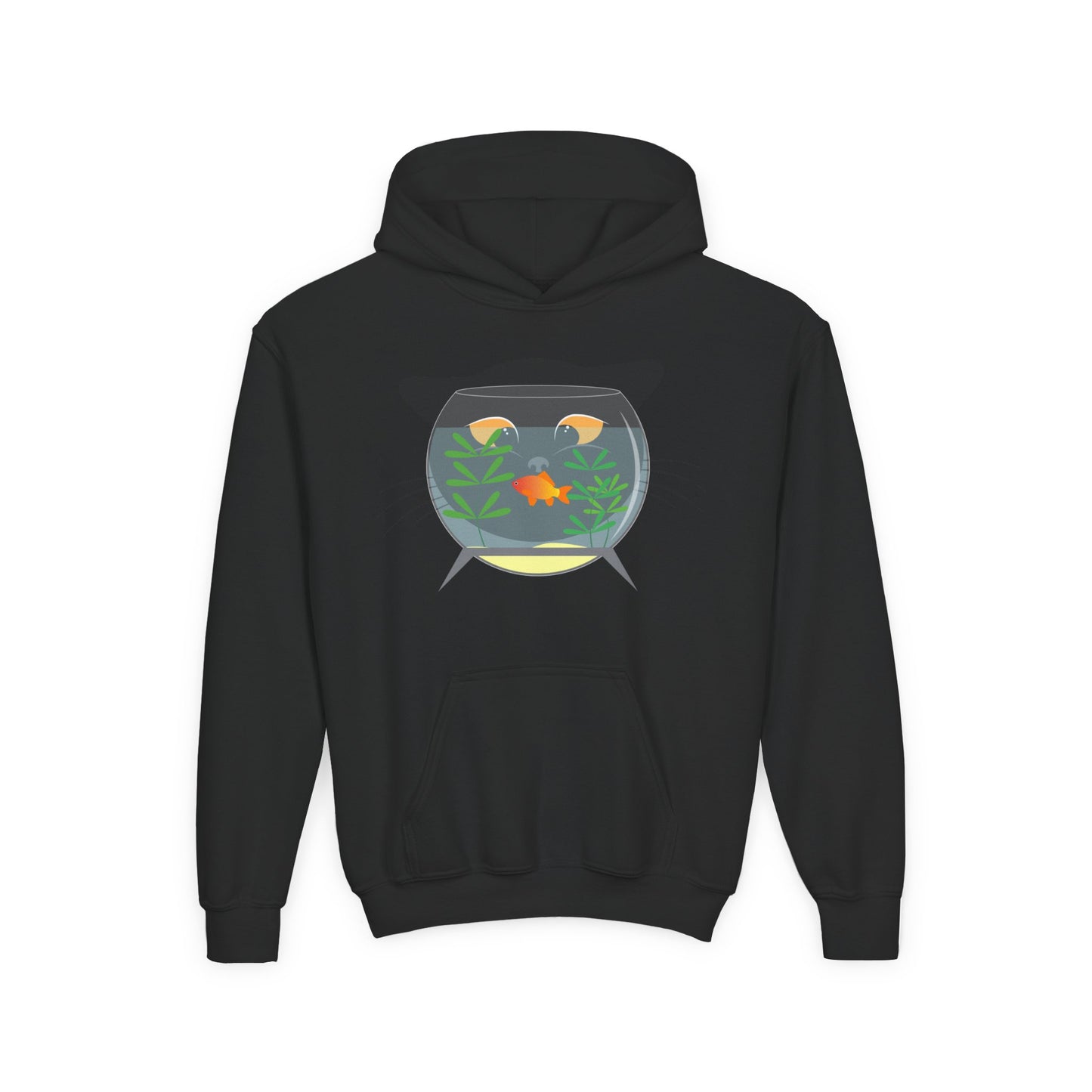 Youth Heavy Blend Hooded Sweatshirt -  Black cat and gold fish