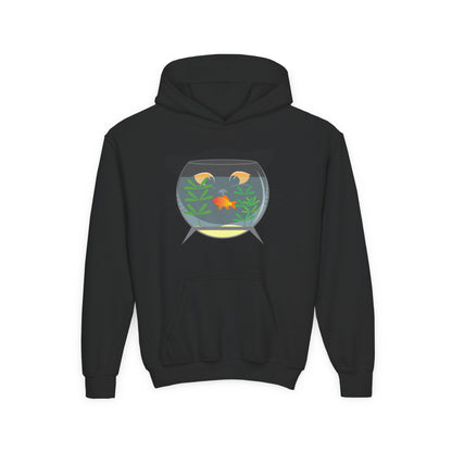 Youth Heavy Blend Hooded Sweatshirt -  Black cat and gold fish Printify