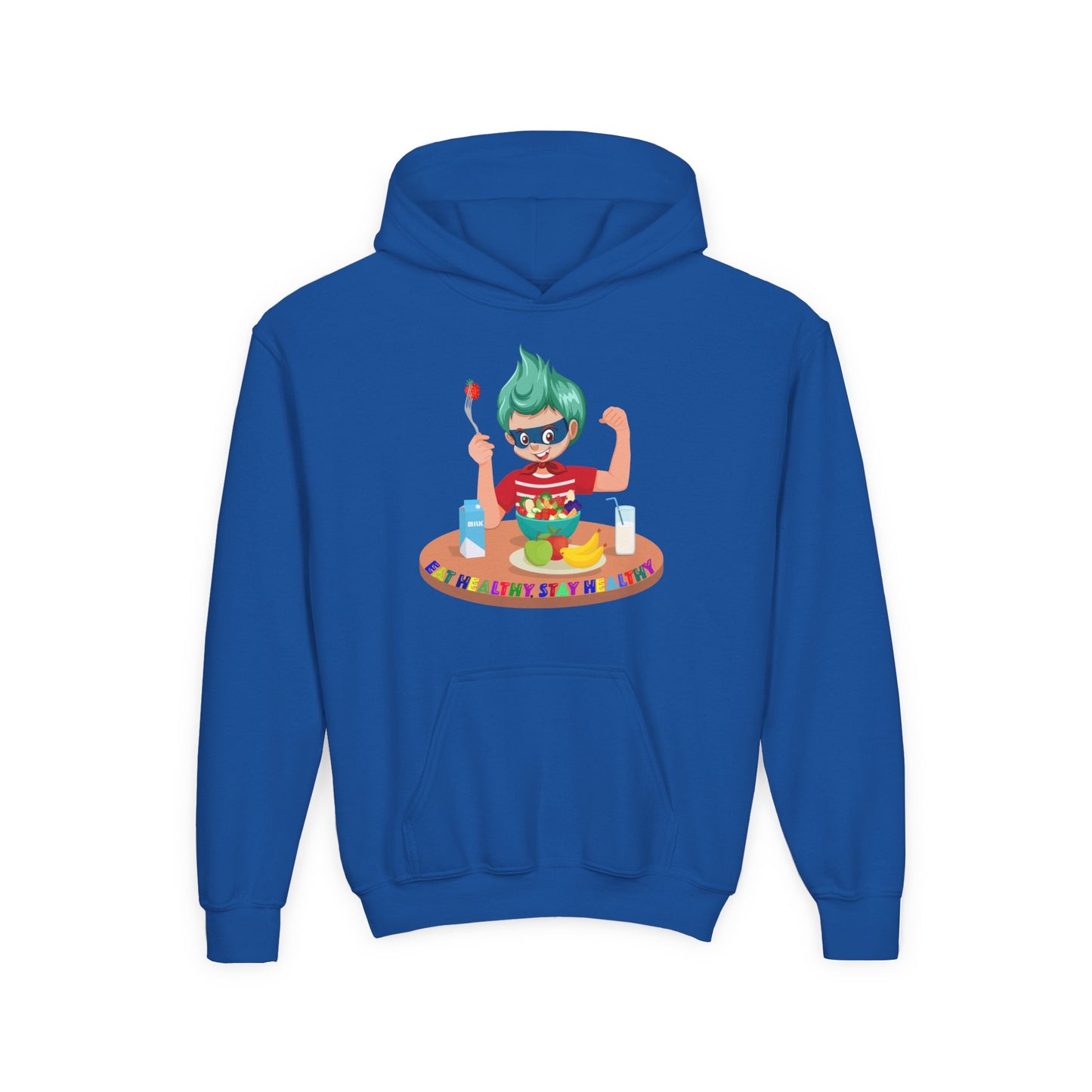 Youth Heavy Blend Hooded Sweatshirt - super kiddo eating healthy food
