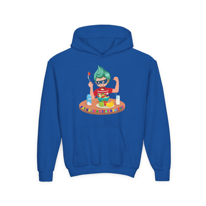Youth Heavy Blend Hooded Sweatshirt - super kiddo eating healthy food - [[{"value":"Wonderwear Kid"}]]