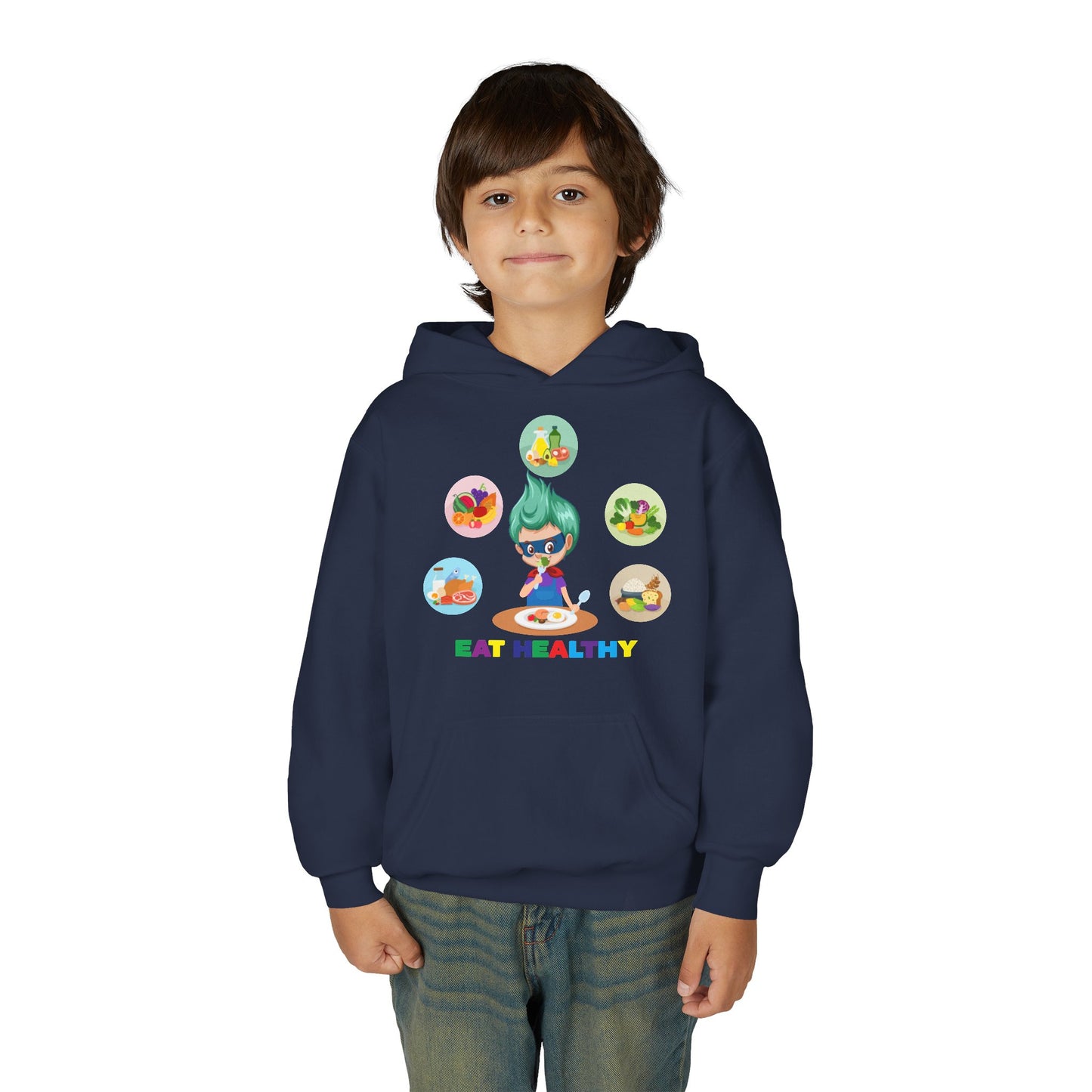 Youth Heavy Blend Hooded Sweatshirt - Supper kiddo showing healthy food to eat