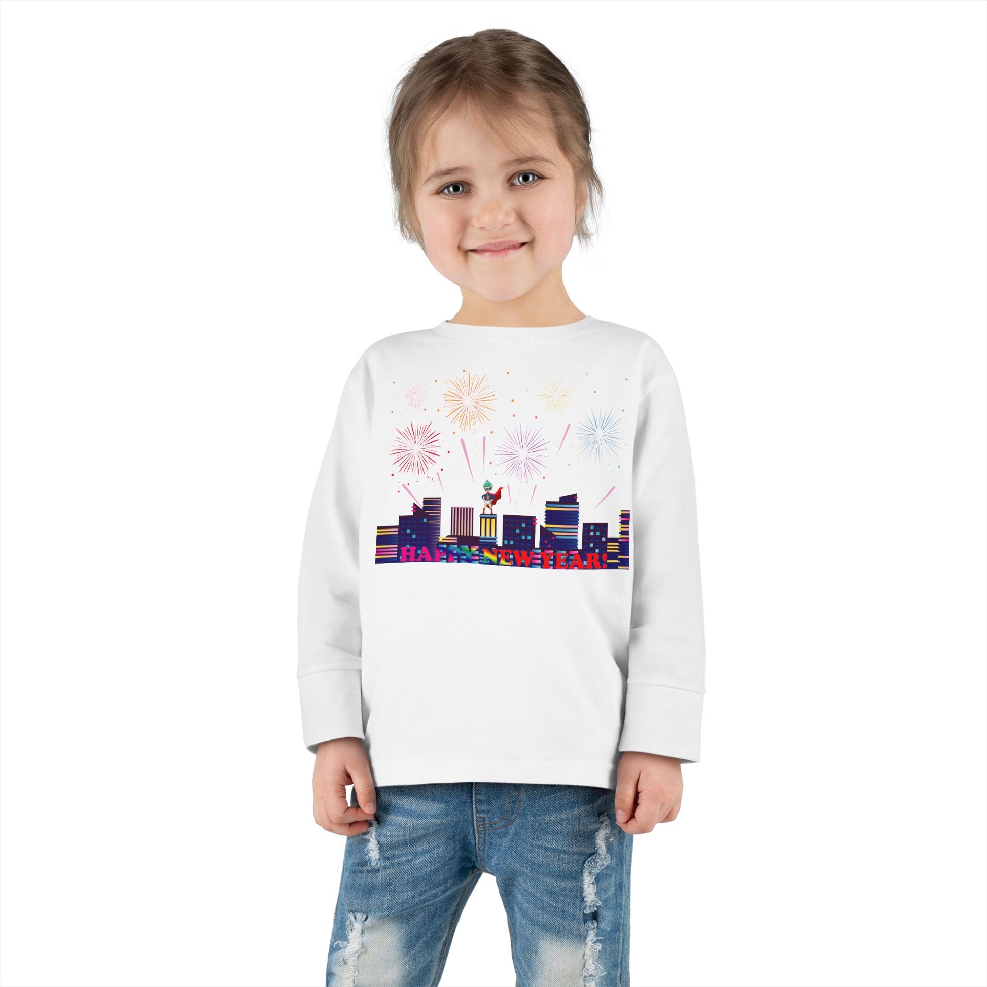 Toddler Long Sleeve Tee - Super kiddo with fireworks with text - [[{"value":"Wonderwear Kid"}]]
