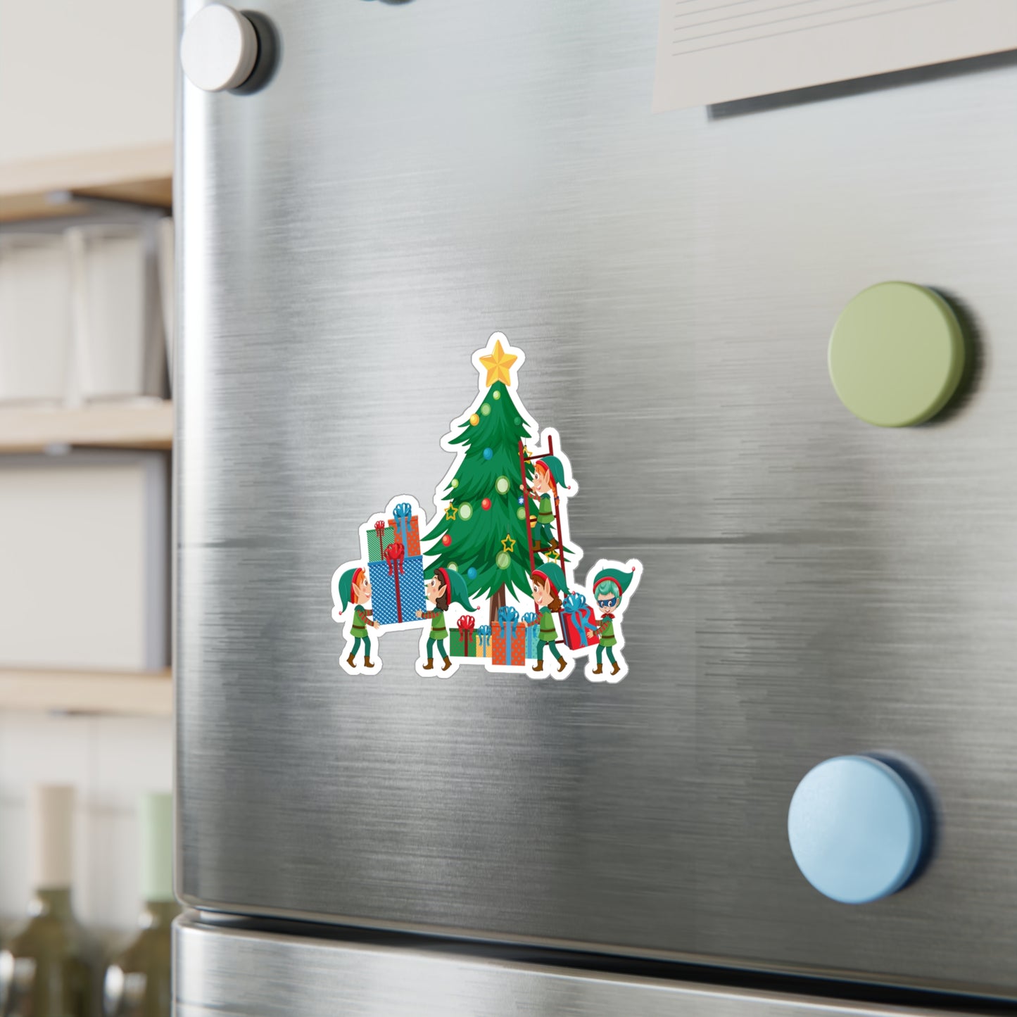 Christmas Kiss-Cut Vinyl Decals – Super kiddo putting gifts on christmas tree - [[{"value":"Wonderwear Kid"}]]