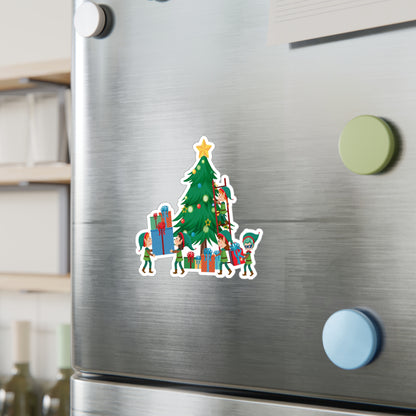 Christmas Kiss-Cut Vinyl Decals – Super kiddo putting gifts on christmas tree - [[{"value":"Wonderwear Kid"}]]