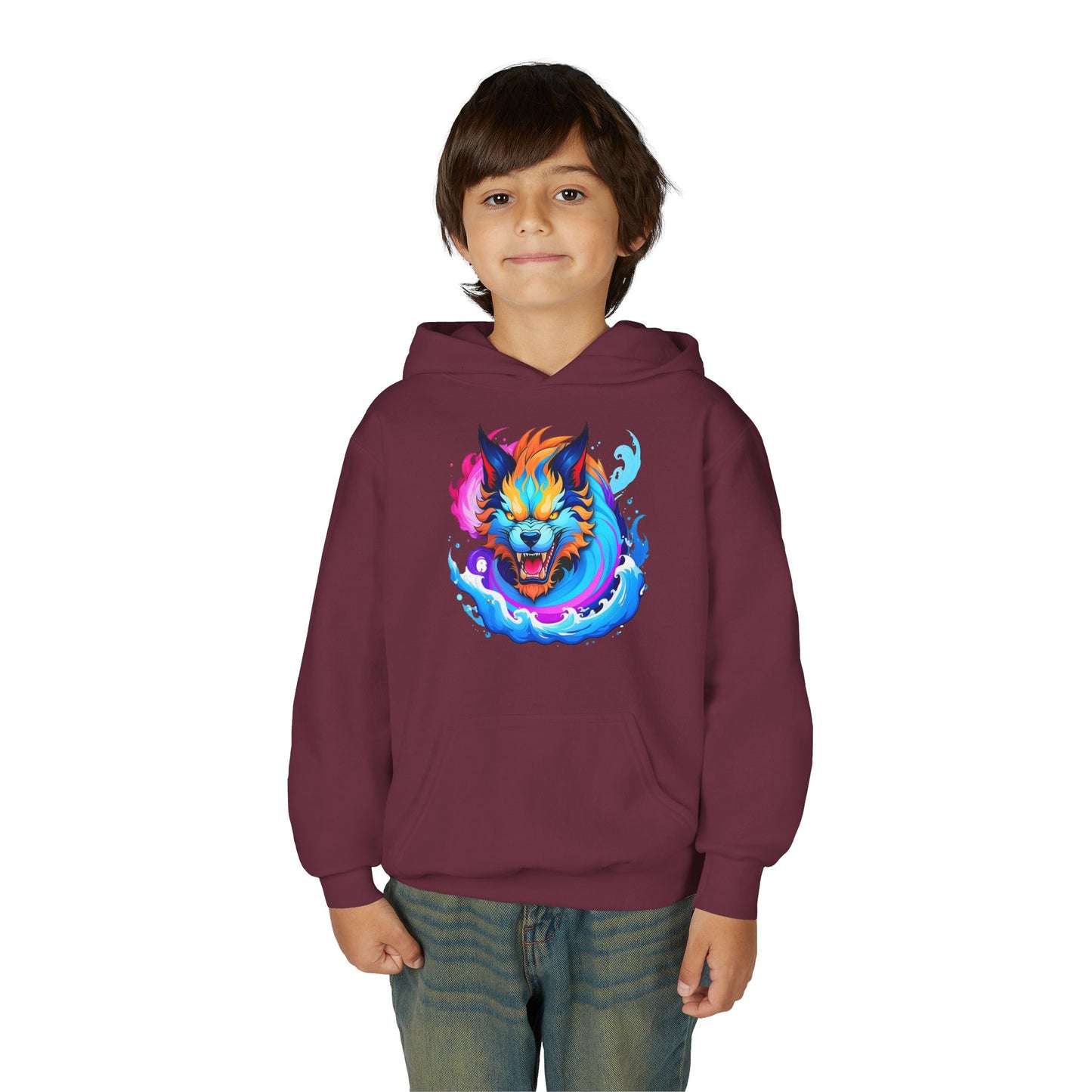Youth Heavy Blend Hooded Sweatshirt - Vibrant Wolf Design