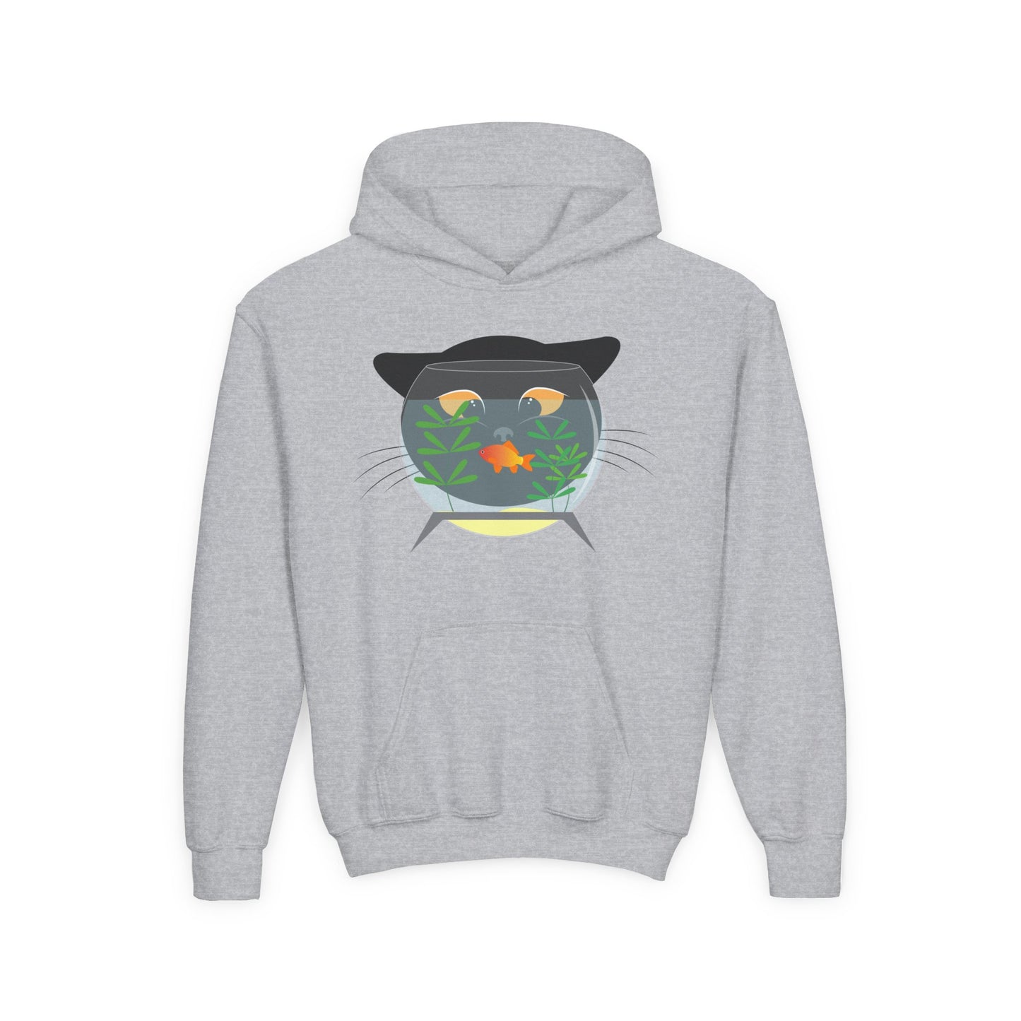 Youth Heavy Blend Hooded Sweatshirt -  Black cat and gold fish