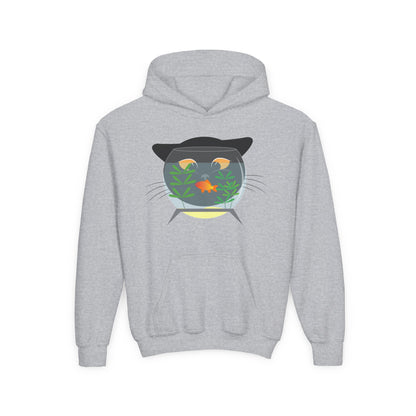 Youth Heavy Blend Hooded Sweatshirt -  Black cat and gold fish Printify