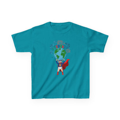 Kids Heavy Cotton™ Tee - Super kiddo holding globe - [[{"value":"Wonderwear Kid"}]]