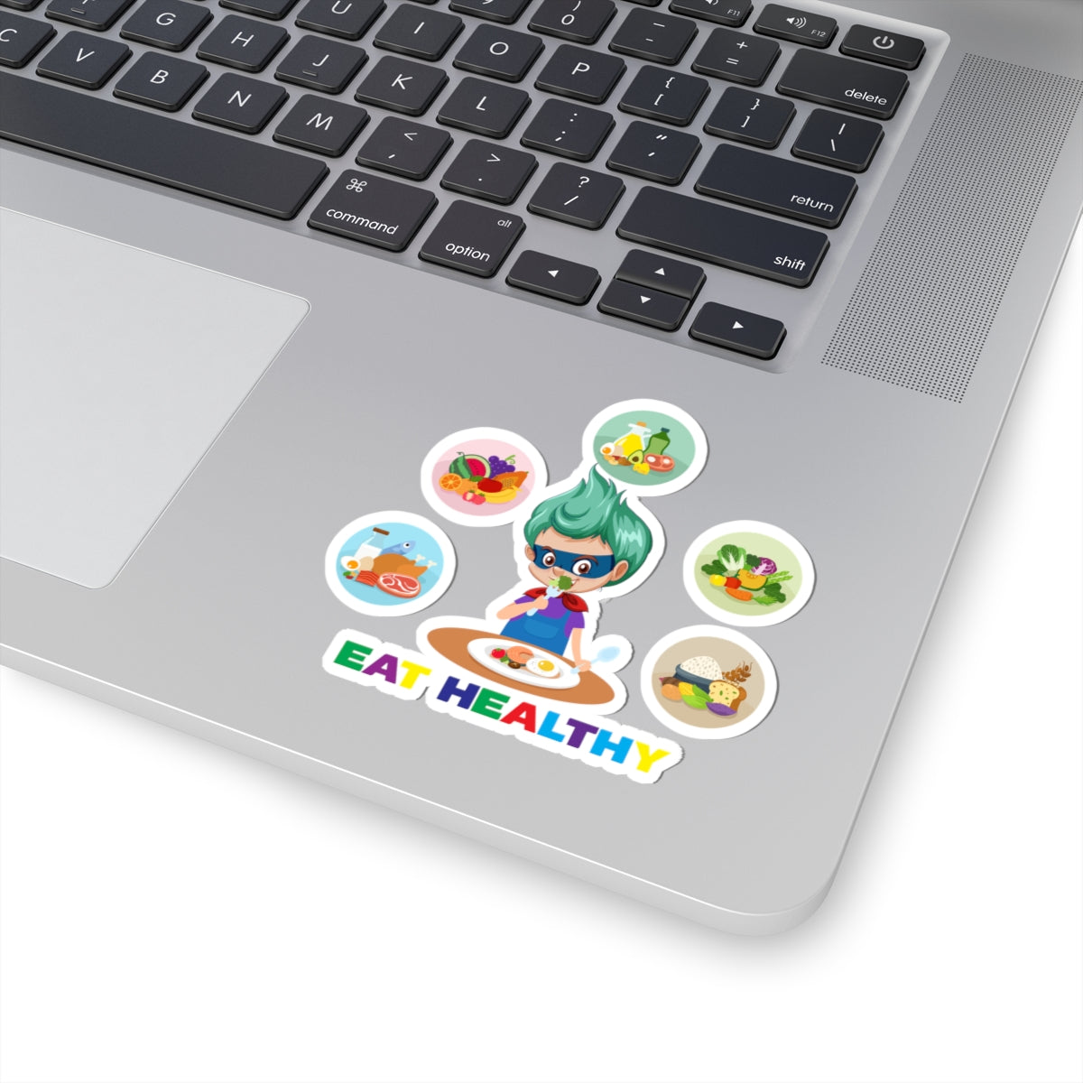 Kiss-Cut Stickers - Supper kiddo showing healthy food to eat - [[{"value":"Wonderwear Kid"}]]